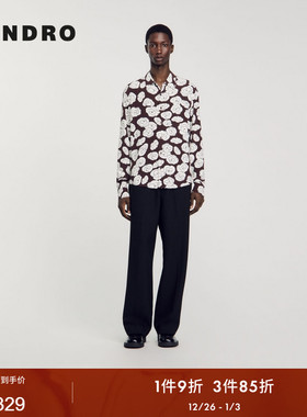 SANDRO Outlets秋冬男装时尚宽松棕黄色白色印花翻领直筒长袖衬衫