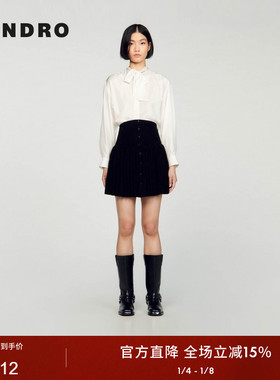 SANDRO Outlets秋冬女装法式气质黑色高腰收腰百褶蓬蓬半身裙短裙