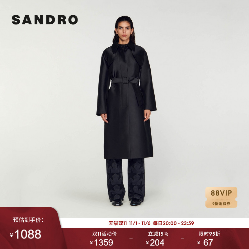 SANDRO收腰系带黑色风衣