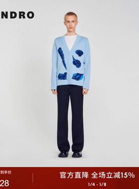 SANDRO Outlets秋冬男装假日多巴胺蓝色贝壳印花扣饰直筒针织开衫