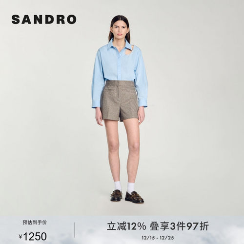 SANDRO Outlets秋冬女装法式休闲通勤棉质米黄色高腰直筒西装短裤