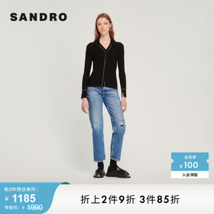 V领撞色黑色修身 SANDRO 法式 针织开衫 Outlet春秋女装 SFPCA00637