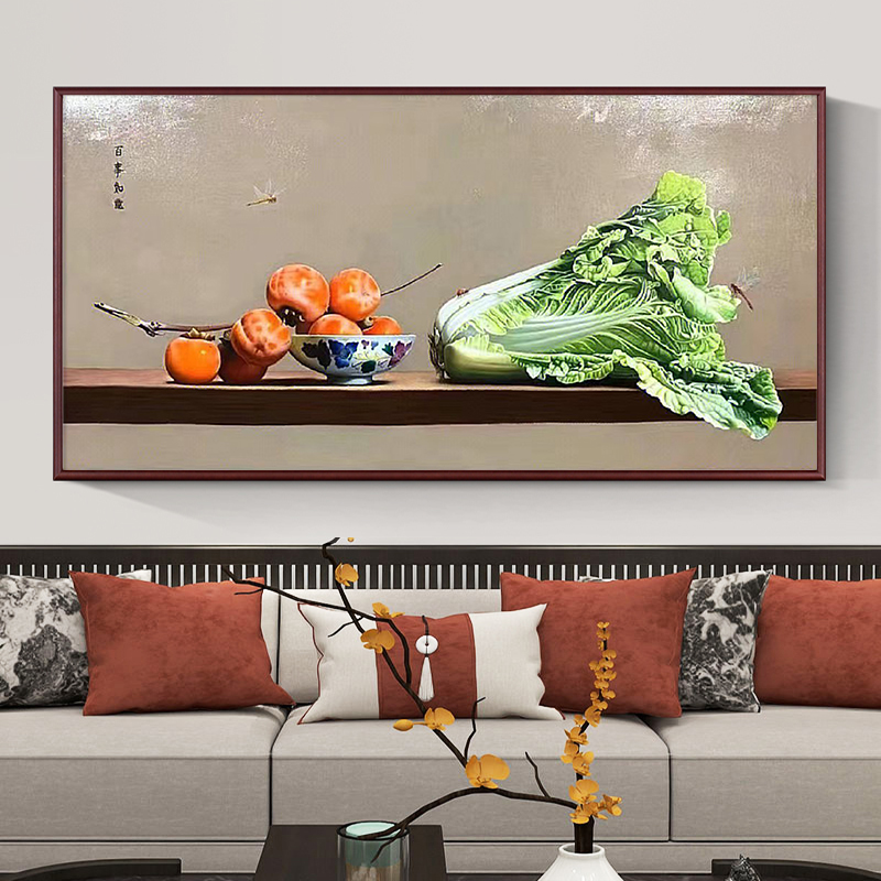 新中式百财大白菜手绘油画客厅事事如意玄关挂画超写实柿子装饰画