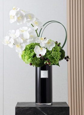 手感绣球假花仿真花束摆件黑色花瓶前台花艺大堂客厅蝴蝶兰逼真