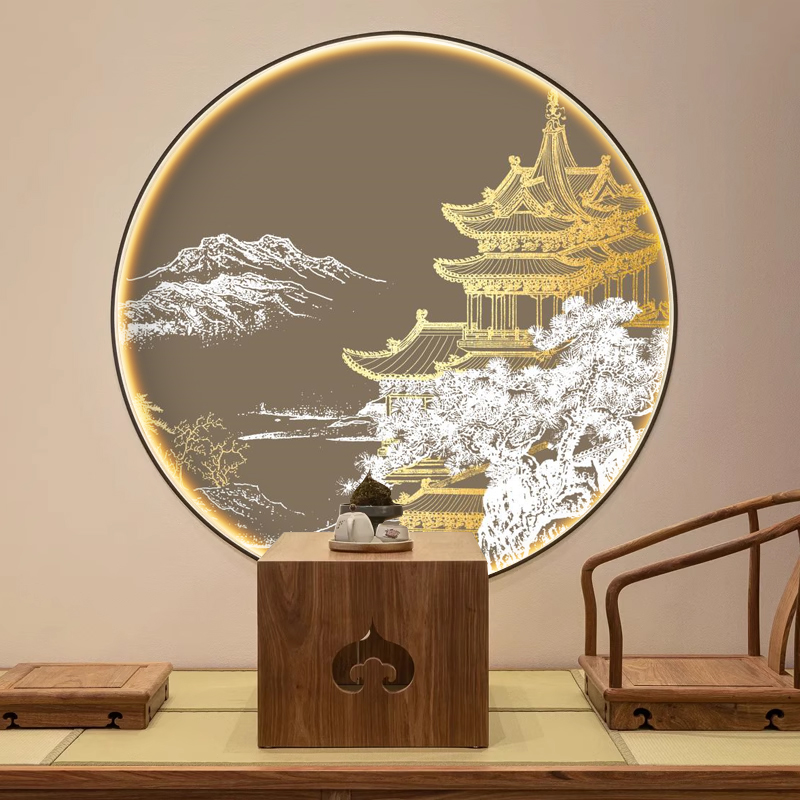 3d立体新中式圆形山水墙纸楼阁雅致壁画客厅圆型背景墙布茶室壁纸