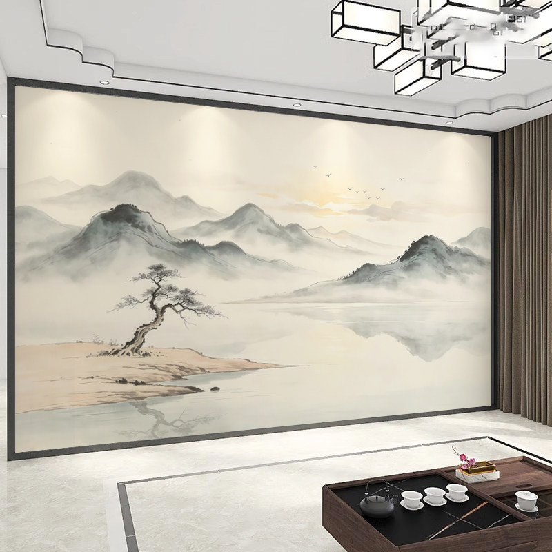 新中式3d立体水墨山水电视背景无纺布墙纸