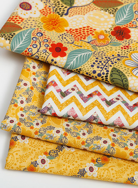 川水品牌 纯棉布料秘密花园橙色深蓝花朵花枝服装家居装饰娃衣DIY