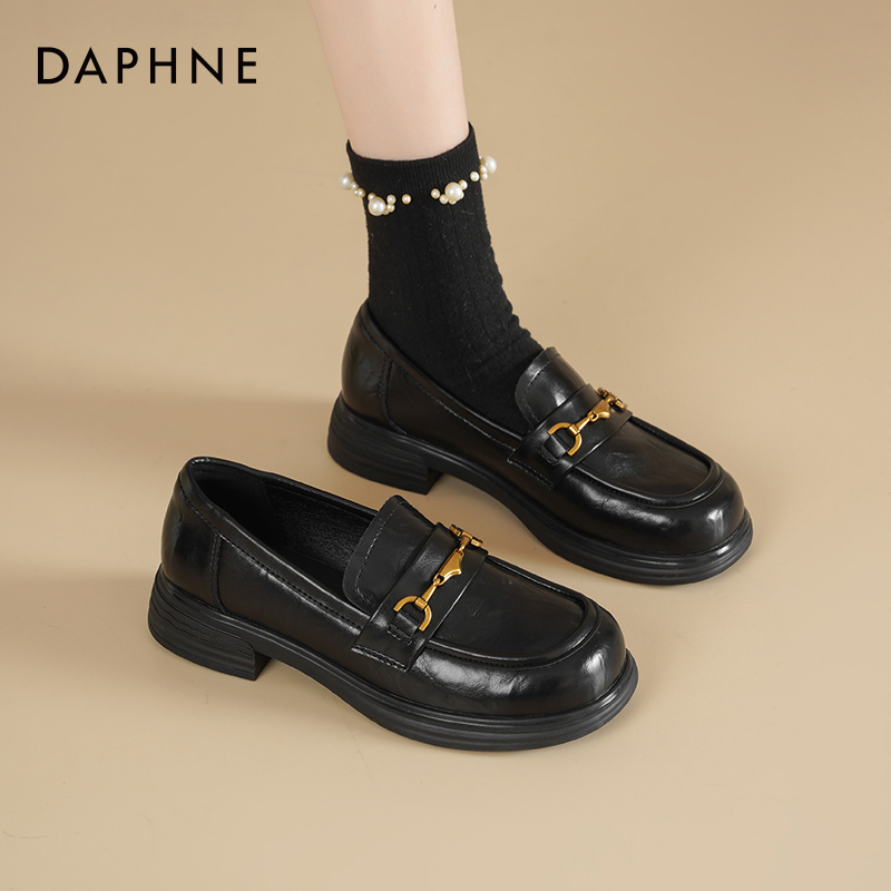 达芙妮黑色乐福鞋加绒小皮鞋女冬