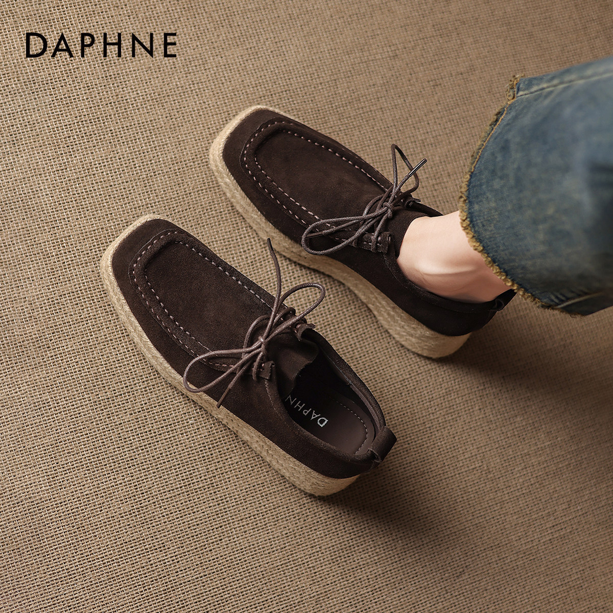 达芙妮乐福鞋女2026新款春季厚底坡跟单鞋系带渔夫鞋软底袋鼠鞋子