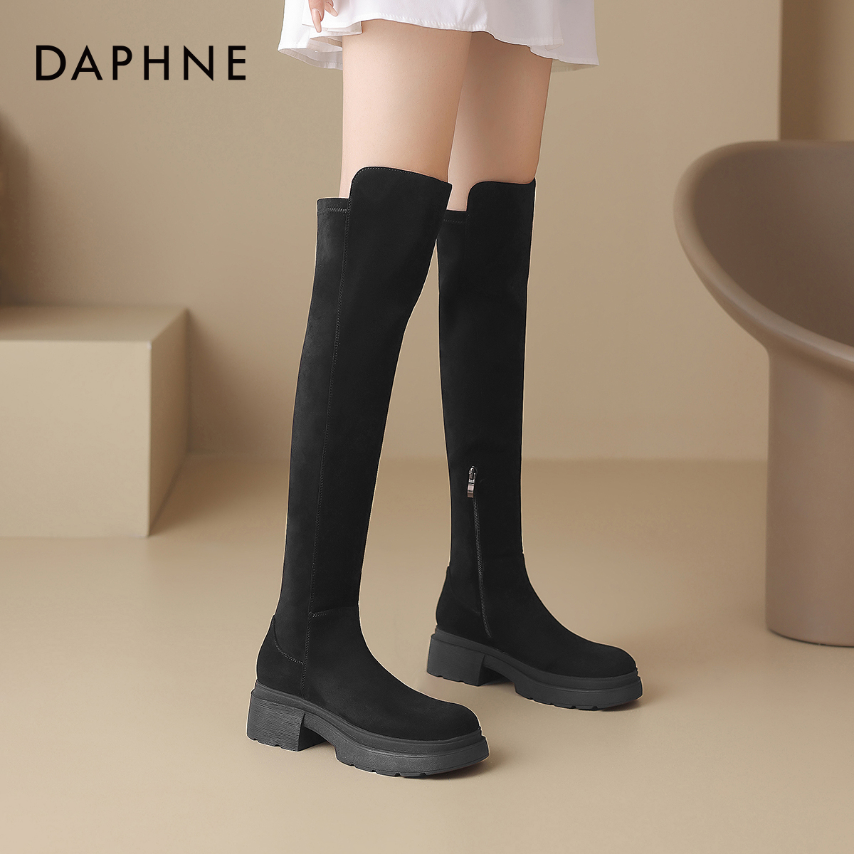 达芙妮过膝长筒靴厚底高筒骑士靴