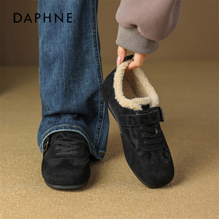 达芙妮黑色德训鞋女2025新款冬季加绒女鞋雪地靴运动鞋子保暖棉鞋