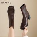 达芙妮粗跟短靴女2025秋冬新款高跟短靴百搭方头瘦瘦靴子高跟鞋女