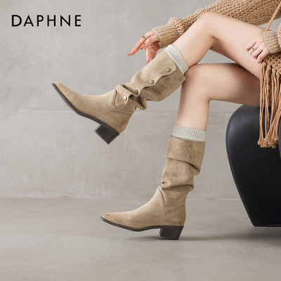 达芙妮靴子女绒面西部牛仔中筒靴