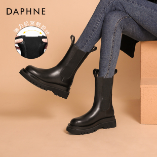 达芙妮切尔西靴子女2025新款 秋冬英伦马丁靴女烟筒靴中筒靴短靴女