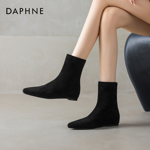 达芙妮瘦瘦小短靴女2025新款 秋冬平底尖头女靴子内增高袜靴马丁靴