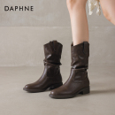 达芙妮棕色靴子女2025新款冬季加绒堆堆短靴西部中筒骑士瘦瘦女靴