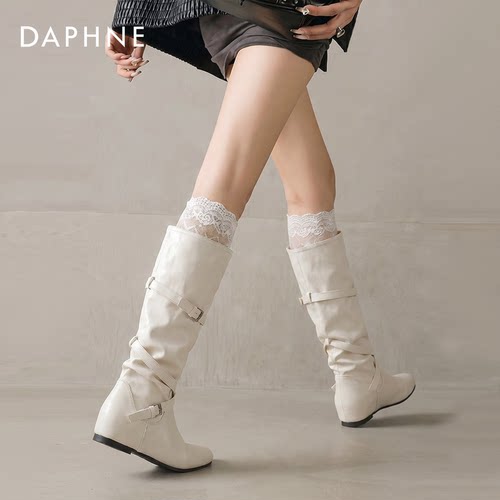 达芙妮长筒靴女西部牛仔靴堆堆靴