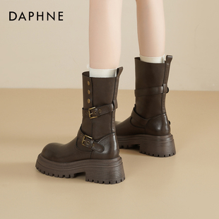 达芙妮厚底马丁靴女2026新款 两穿靴子骑士靴美拉德棕色短靴女 春季
