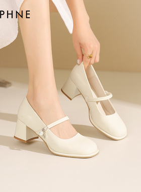 达芙妮玛丽珍女鞋高跟鞋2026春季新中式配旗袍白色珍珠粗跟单鞋女
