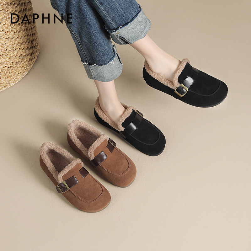 达芙妮真皮勃肯鞋秋冬加绒2023新款全包平底棉鞋女软底单鞋豆豆鞋