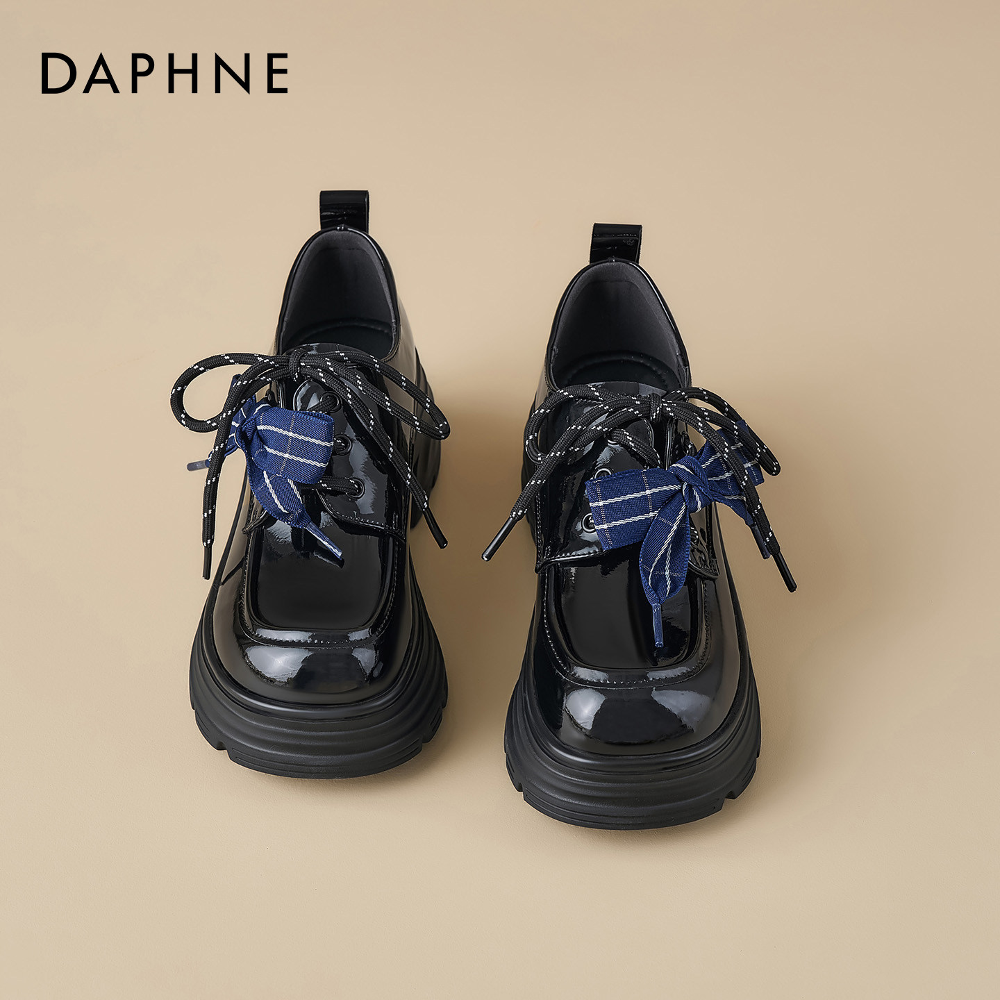 达芙妮乐福鞋女2026新款春季增高厚底松糕蝴蝶结一脚蹬黑色小皮鞋