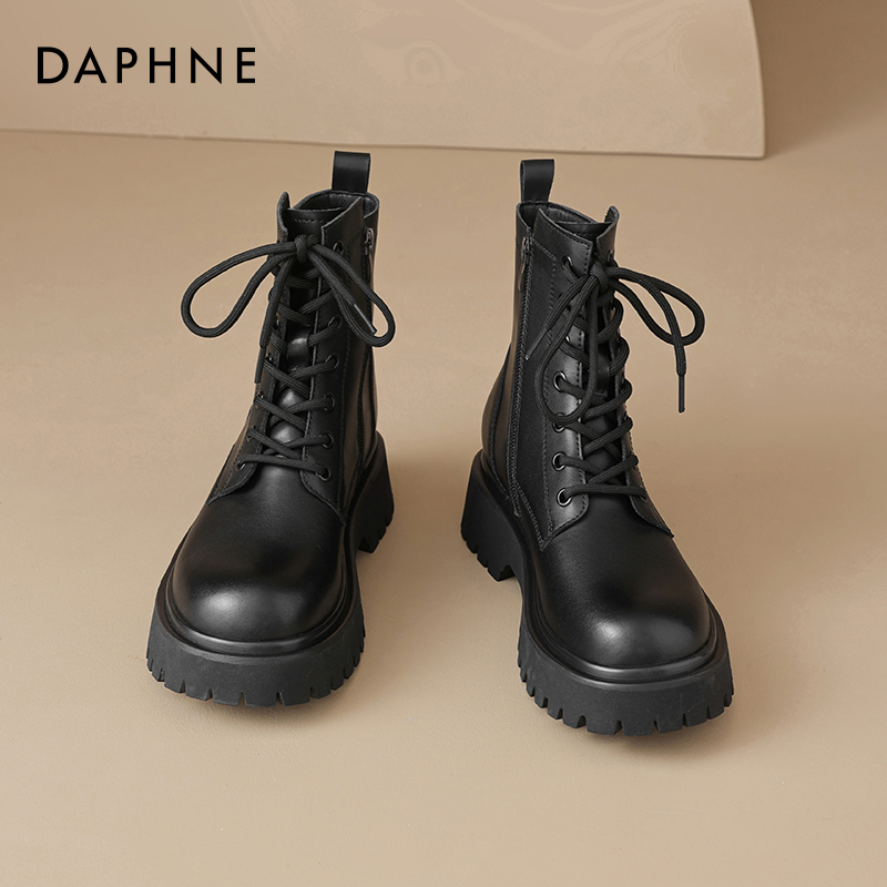 达芙妮黑色马丁靴女款英伦风2025新款秋冬厚底单靴工装加绒短靴子