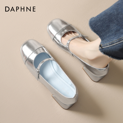 达芙妮银色单鞋女法式玛丽珍浅口