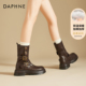 达芙妮棕色靴子女短靴马丁靴2026新款 秋冬季 加绒美拉德骑士中筒靴