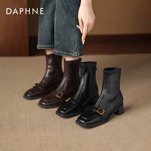 皮靴子马丁女靴 加绒女款 达芙妮方头棕色瘦瘦小短靴2025新款 秋冬季