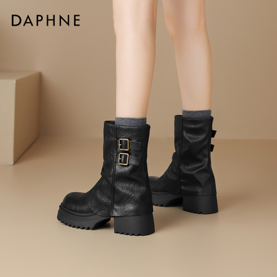 达芙妮黑色高跟短靴女2025新款春款裤管靴子女春秋季堆堆靴马丁靴