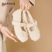 达芙妮加绒毛毛鞋 子蝴蝶结白色玛丽珍单鞋 女2026新款 秋冬保暖棉鞋