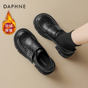 达芙妮厚底乐福鞋女冬季加绒2025新款复古英伦小皮鞋通勤增高单鞋