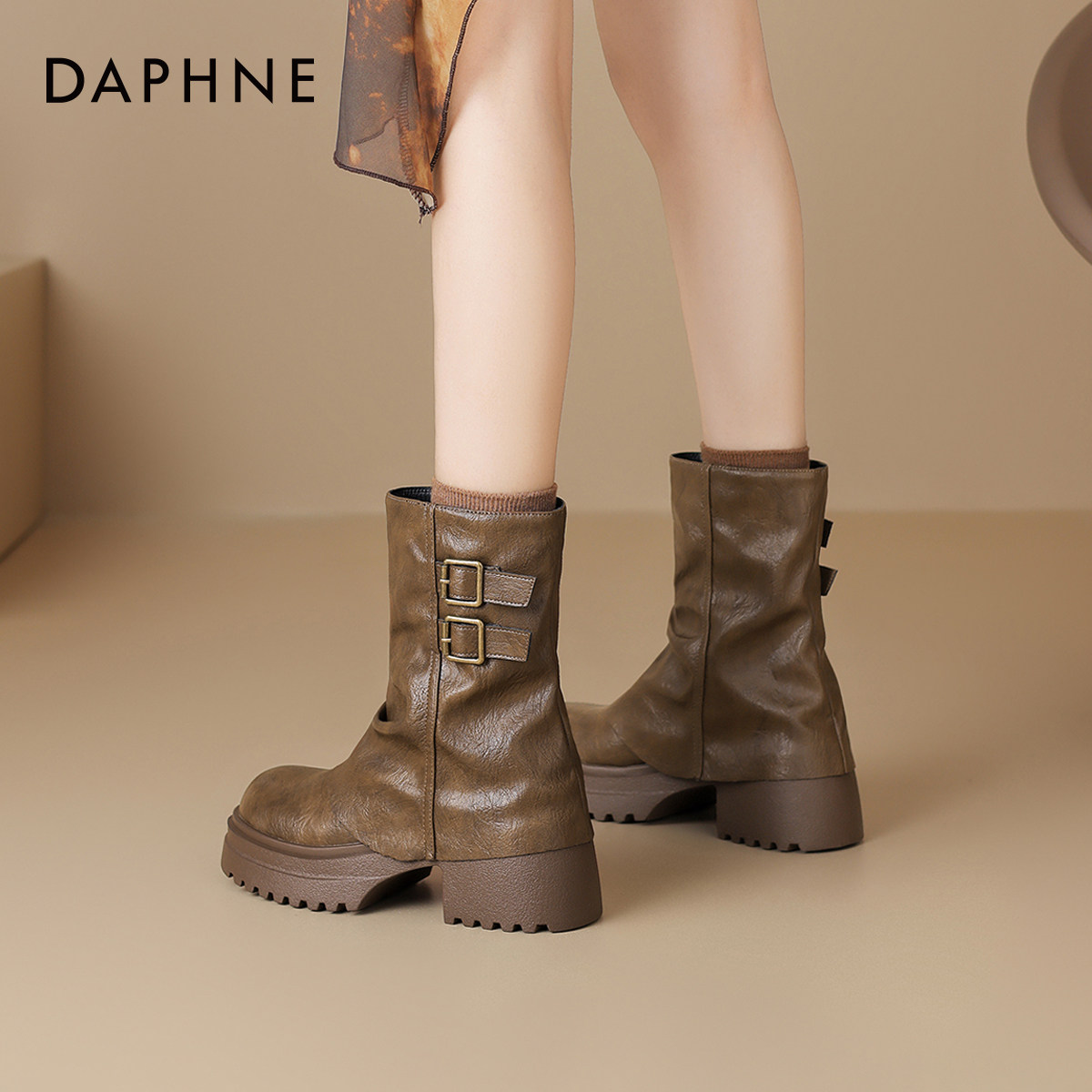 达芙妮美拉德短靴女2026新款冬季棕色西部牛仔靴裤管靴厚底马丁靴,女鞋,时装靴,淘宝优惠券,粉丝福利购,淘宝优惠卷