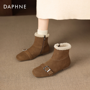 平底保暖棉鞋 达芙妮雪地靴女2025新款 棕色毛毛鞋 冬季 加绒短靴 爆款