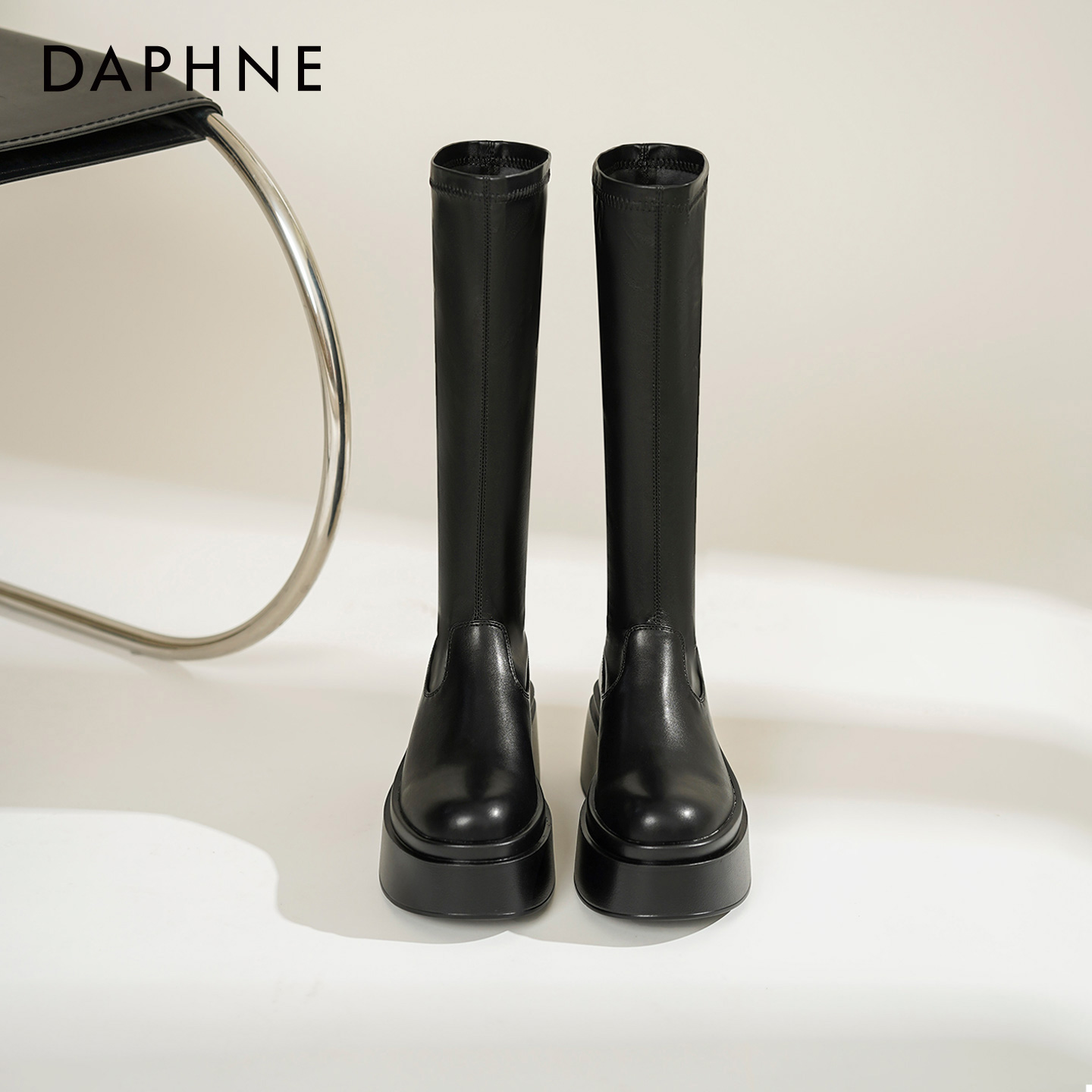 达芙妮厚底长筒靴女弹力瘦瘦靴