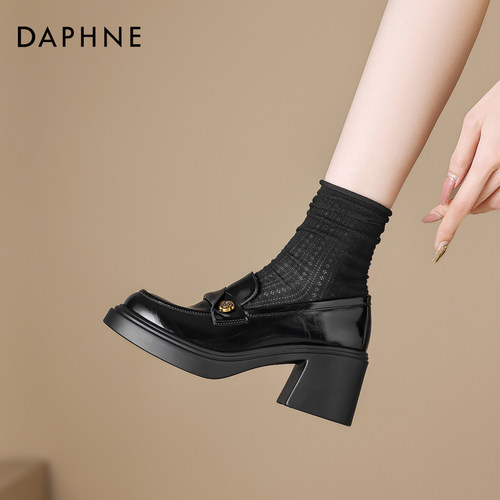 达芙妮山茶花高跟乐福鞋女粗跟