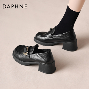 粗跟英伦风小皮鞋 达芙妮黑色百搭乐福鞋 高跟豆豆鞋 法式 女2026新款