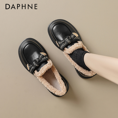 达芙妮羊羔绒乐福鞋女黑色复古