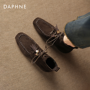 女靴 秋季 达芙妮棕色真皮靴子系带流苏马丁小短靴2025新款 复古女款