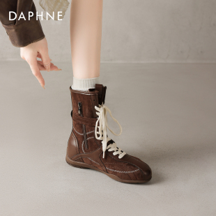 达芙妮美拉德拳击靴女2025新款 加绒骑士靴平底马丁靴子 短靴秋冬季