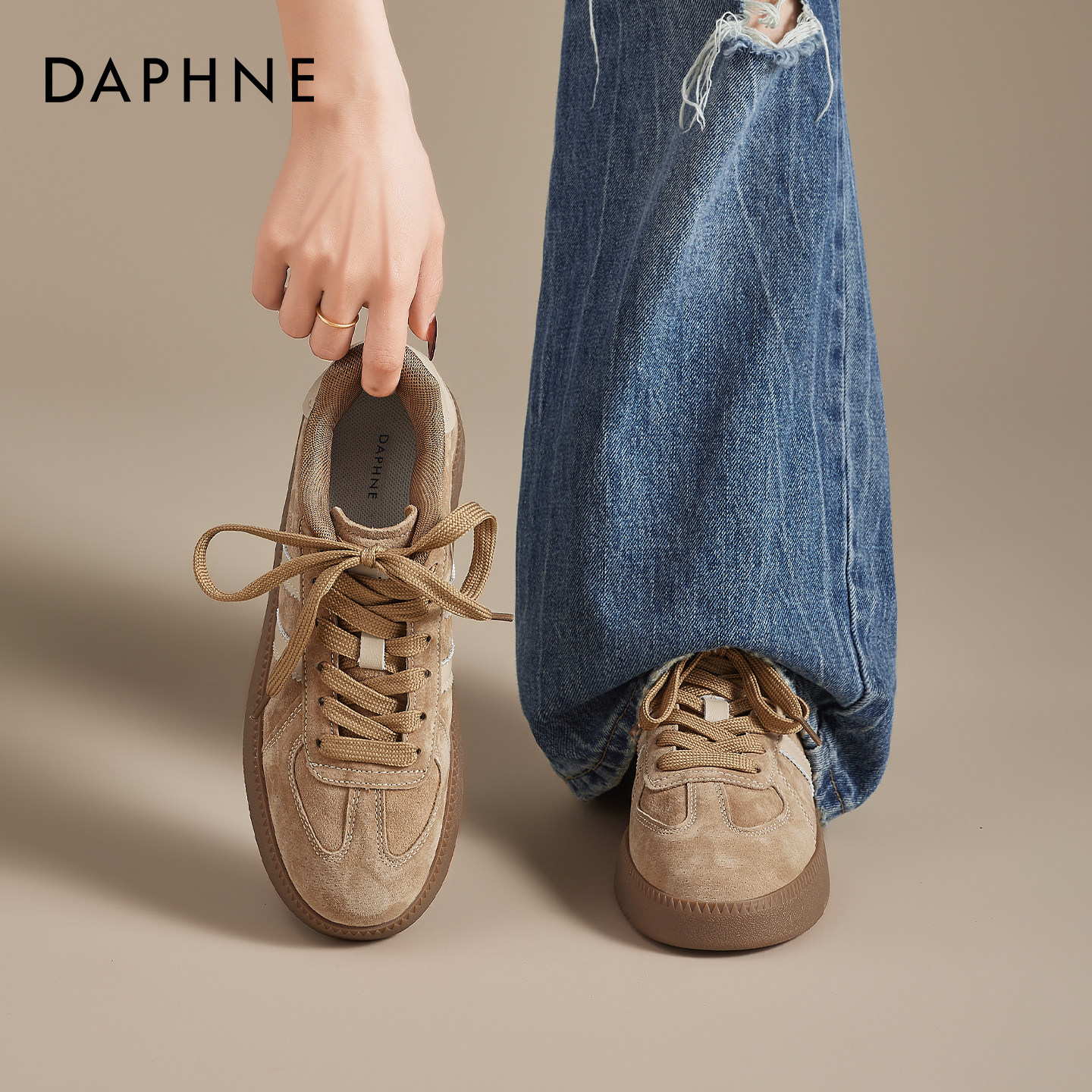 达芙妮复古德训鞋女款2026新款春季棕色芭蕾平底百搭休闲运动板鞋