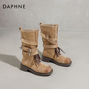 达芙妮西部牛仔巨好看的皮靴子2026新款女款中筒机车秋季短靴女靴