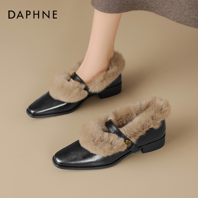 玛丽珍毛毛鞋女黑色皮鞋粗跟单鞋