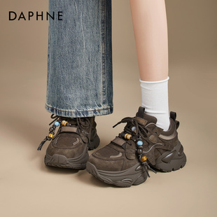 达芙妮厚底老爹鞋女2026春季新款增高休闲运动鞋复古串珠棕色鞋子