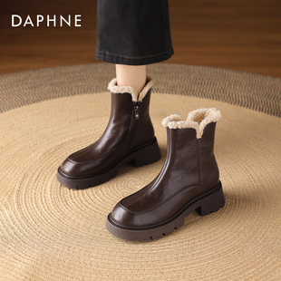 达芙妮加绒短靴女2025新款冬季棕色厚底瘦瘦靴子毛毛马丁靴雪地靴