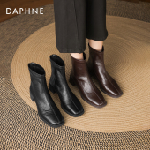 加绒方头粗跟瘦瘦靴高跟皮鞋 达芙妮黑色短靴女2026冬季 新款 马丁靴