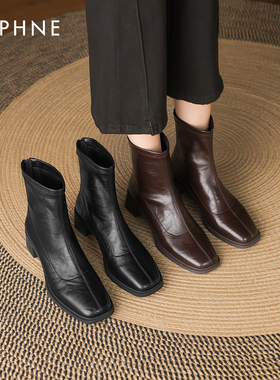 达芙妮黑色短靴女2026冬季新款加绒方头粗跟瘦瘦靴高跟皮鞋马丁靴