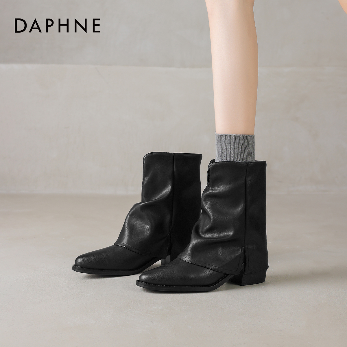 达芙妮尖头短靴黑色粗跟马丁靴子