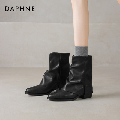 达芙妮尖头短靴黑色粗跟马丁靴子