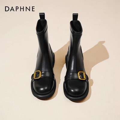 达芙妮黑色短靴女时尚英伦风加绒